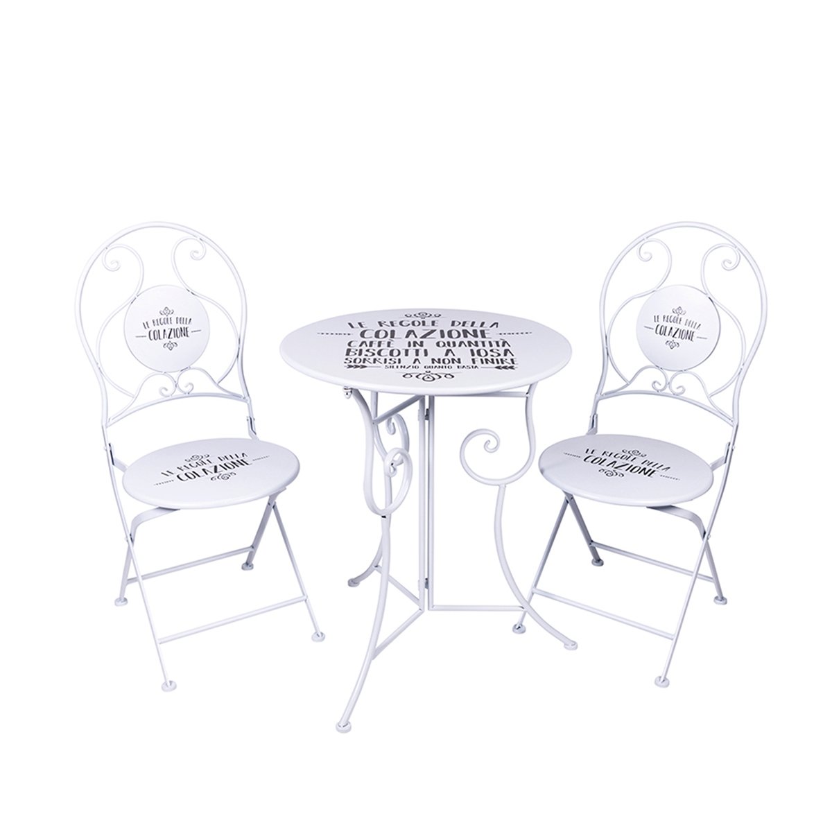 Set tavolo bianco 2 sedie da esterno pieghevoli Le Regole della Colazione Promozione Set tavolo bianco 2 sedie da esterno pieghevoli Le Regole della Colazione Promozione