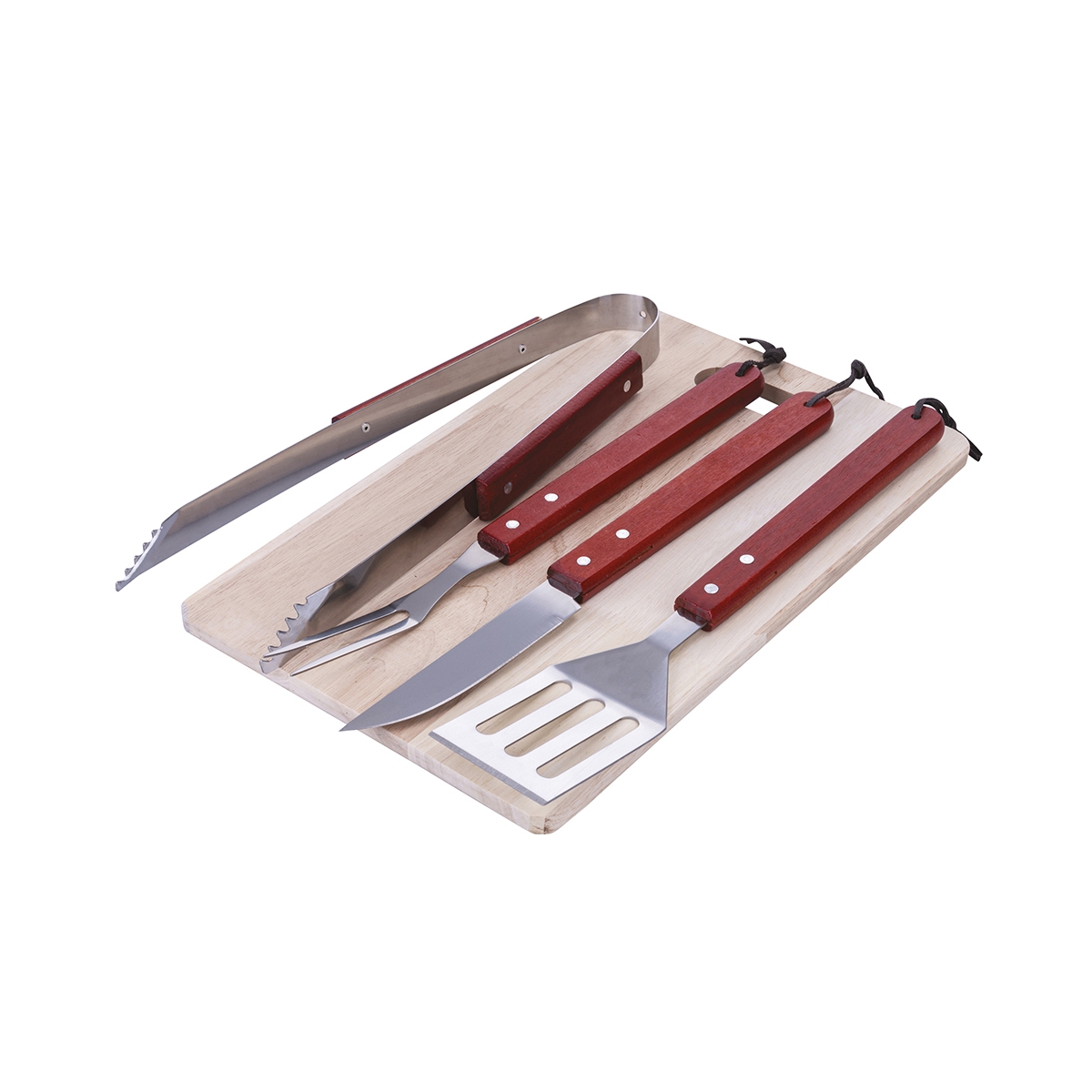 Set 4 utensili da barbecue in acciaio inox e tagliere in legno Pyros