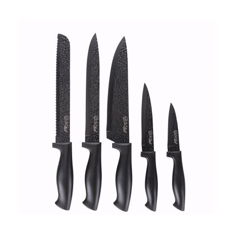 Ceppo nero con 5 coltelli in acciaio inox effetto martellato Piko Promozione