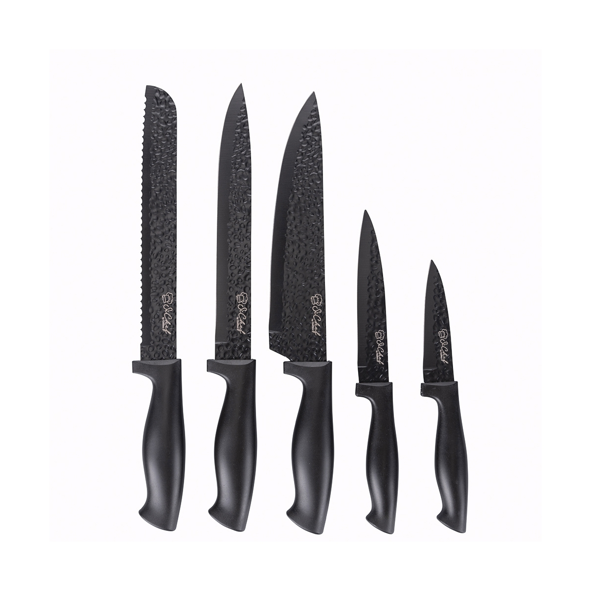 Ceppo nero con 5 coltelli in acciaio inox effetto martellato Piko Promozione Ceppo nero con 5 coltelli in acciaio inox effetto martellato Piko Promozione