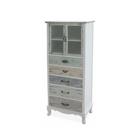Credenza con vetrina shabby chic 2 ante in vetro 5 cassetti Valencia Promozione