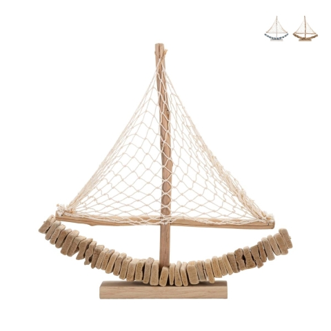 Scultura barca a vela in legno con rete in tessuto 45x45x7cm Enok Promozione