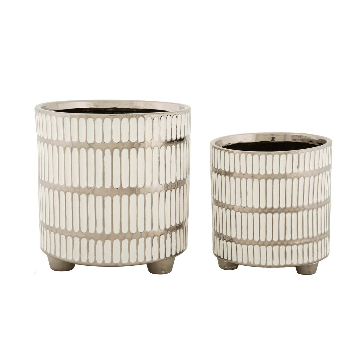 Set 2 vasi in ceramica bianca con decorazioni argento Ray Promozione Set 2 vasi in ceramica bianca con decorazioni argento Ray Promozione