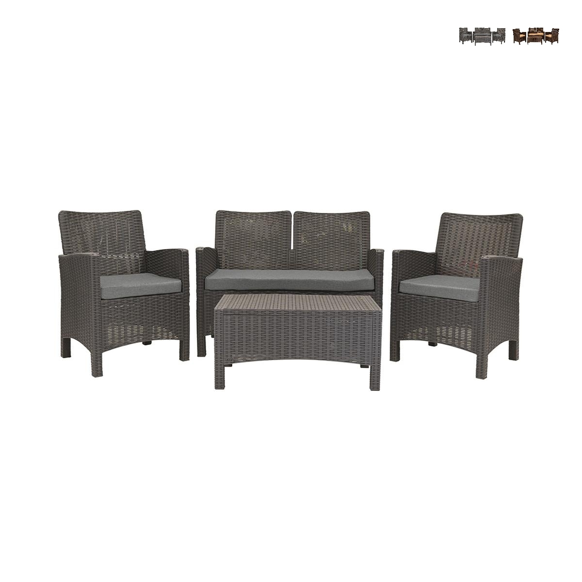 Salotto da giardino divano 2 posti poltrone tavolino effetto rattan Malaga