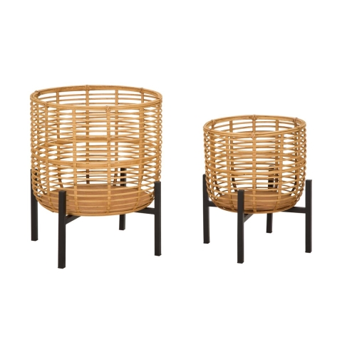 Set 2 portavasi rotondi in rattan con piedistallo in metallo nero Zeyok Promozione