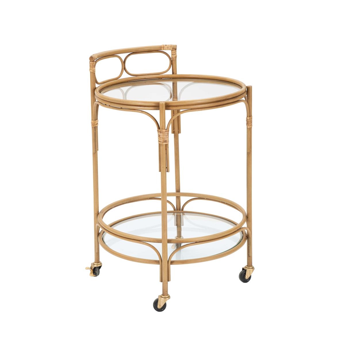 Carrello portavivande rotondo in rattan con ripiani in vetro Panama