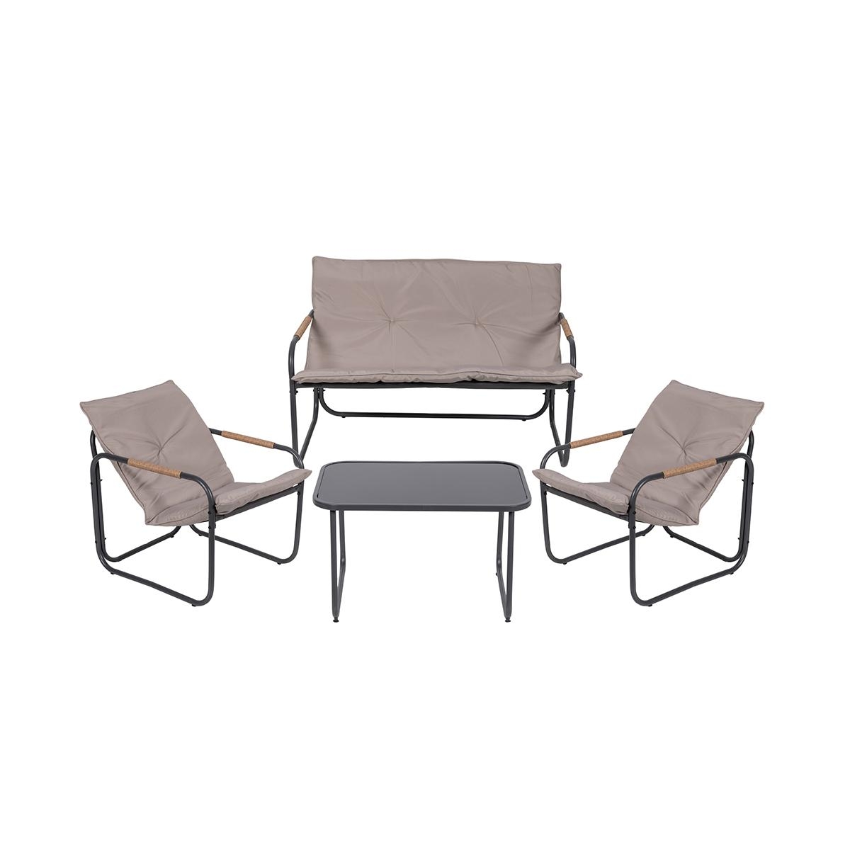 Set giardino 4 posti acciaio tavolino top in vetro cuscini Cannes