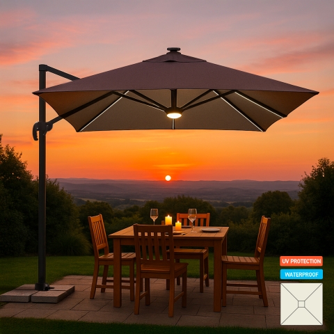 Ombrellone palo decentrato a braccio orientabile con luce solare Led 3x3m Paradise Brown Light Promozione