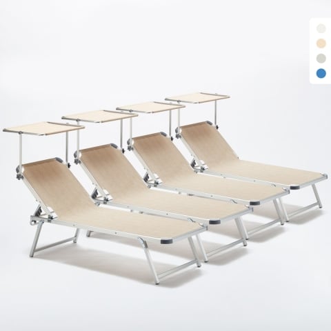 4 Lettini Prendisole in Alluminio da Spiaggia Mare con Tettuccio Regolabile Nettuno Promozione