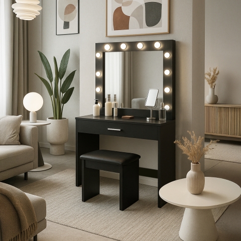 Postazione trucco nero con lampadine LED specchio sgabello Gaia Black Promozione