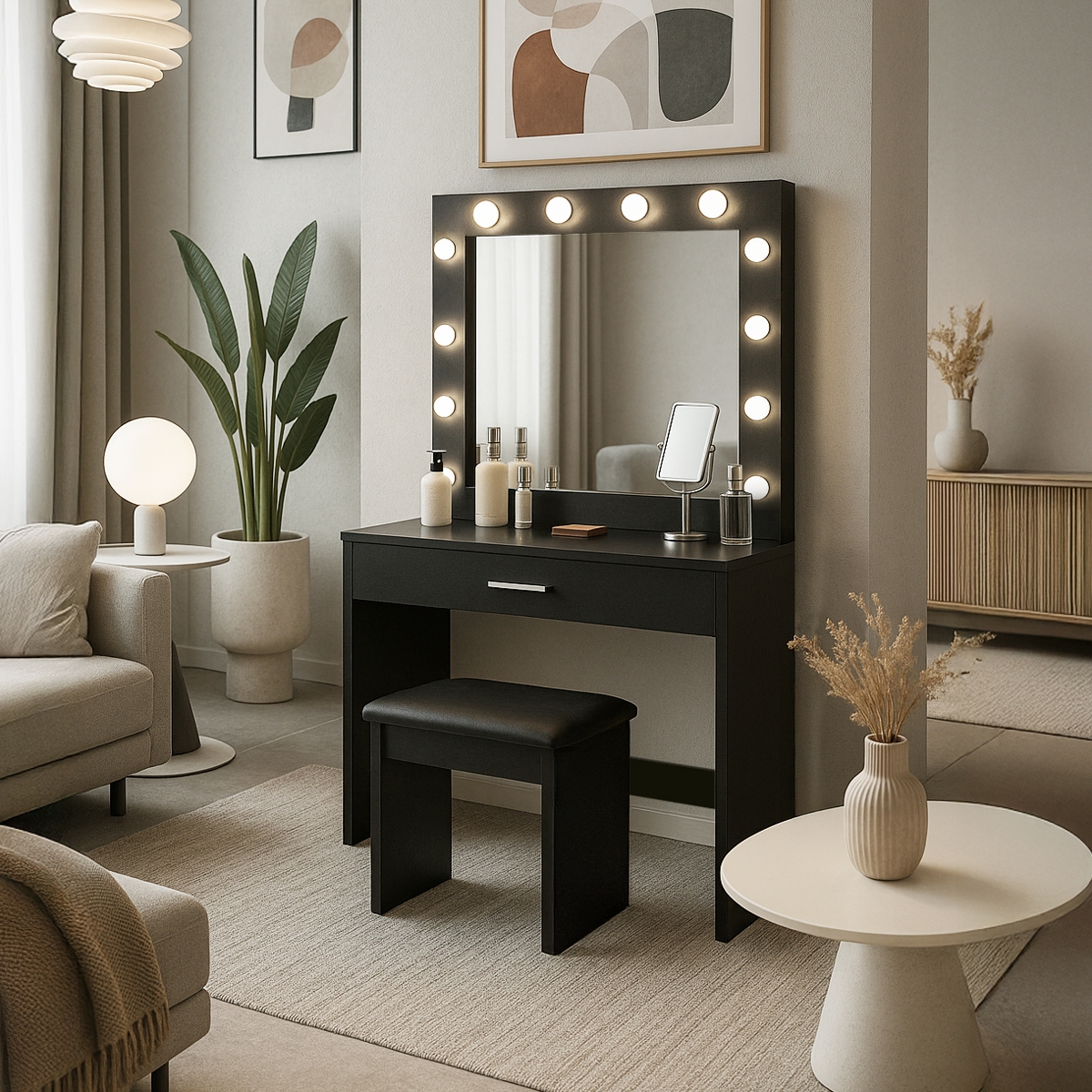 Postazione trucco nero con lampadine LED specchio sgabello Gaia Black Promozione