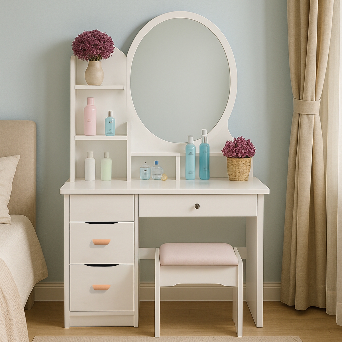 Mobile postazione trucco specchio rotondo sgabello camera da letto Babette Promozione