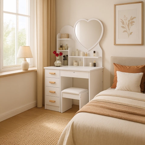 Postazione trucco toeletta specchio cuore sgabello camera da letto Clara Promozione