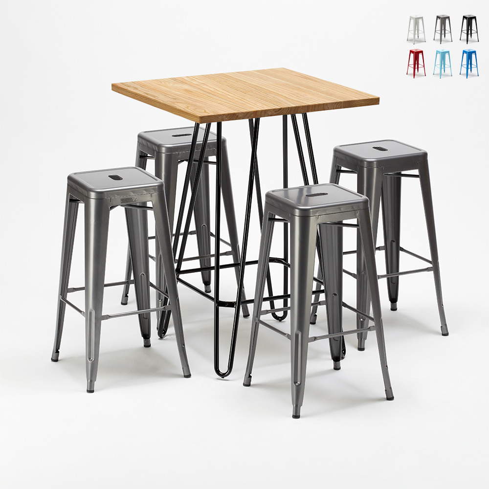 Sgabelli Legno Per Pub.Brooklyn Set Tavolo Alto E 4 Sgabelli In Metallo Stile Tolix