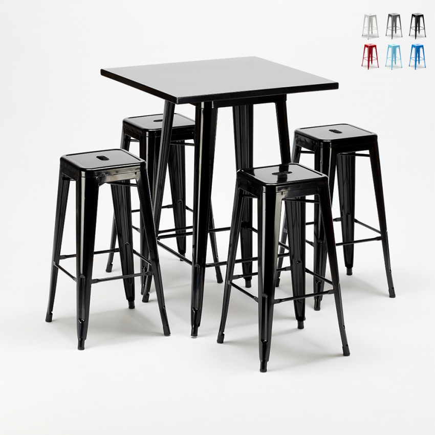 New York: Tavolo alto e 4 sgabelli in metallo stile Tolix industriale