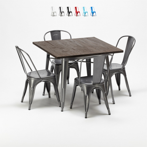 Set tavolo quadrato e sedie in metallo design Tolix industriale Jamaica