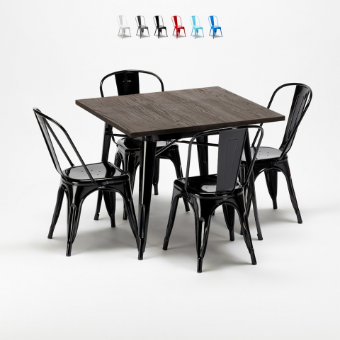 Set tavolo quadrato in legno e sedie in metallo stile Tolix industriale West Village