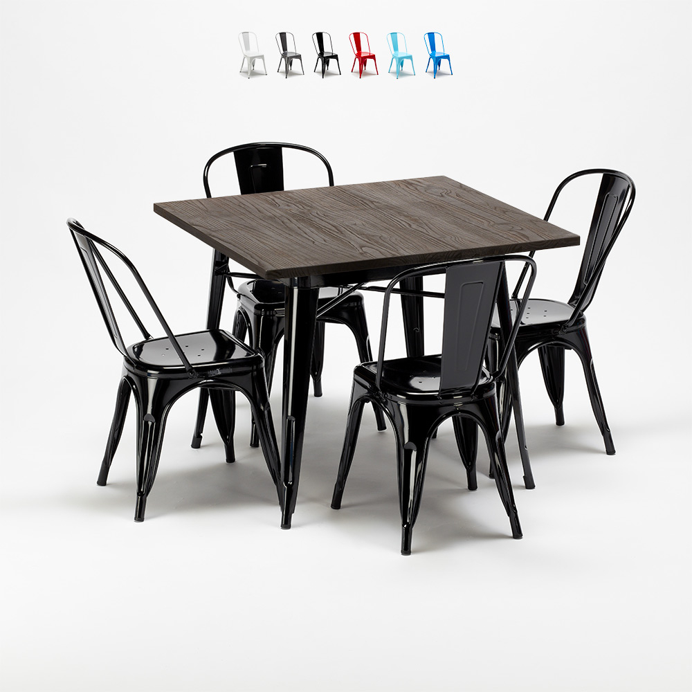 set tavolo quadrato in legno e sedie in metallo stile industriale west village