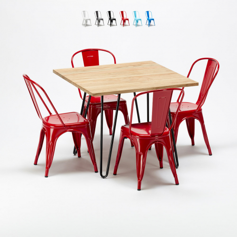 Tavolo quadrato e sedie in metallo e legno in stile Tolix industriale set Tribeca