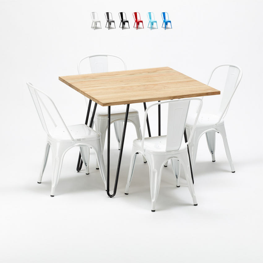 tavolo quadrato e sedie in metallo e legno in stile industriale set tribeca Stock