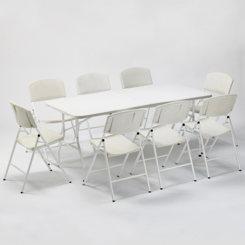 Set tavolo rettangolare 200x90 e 8 sedie pieghevoli campeggio giardino Davos