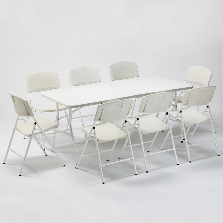 Ensemble table rectangulaire 200x90 et 8 chaises pliantes pour camping et jardin Davos
