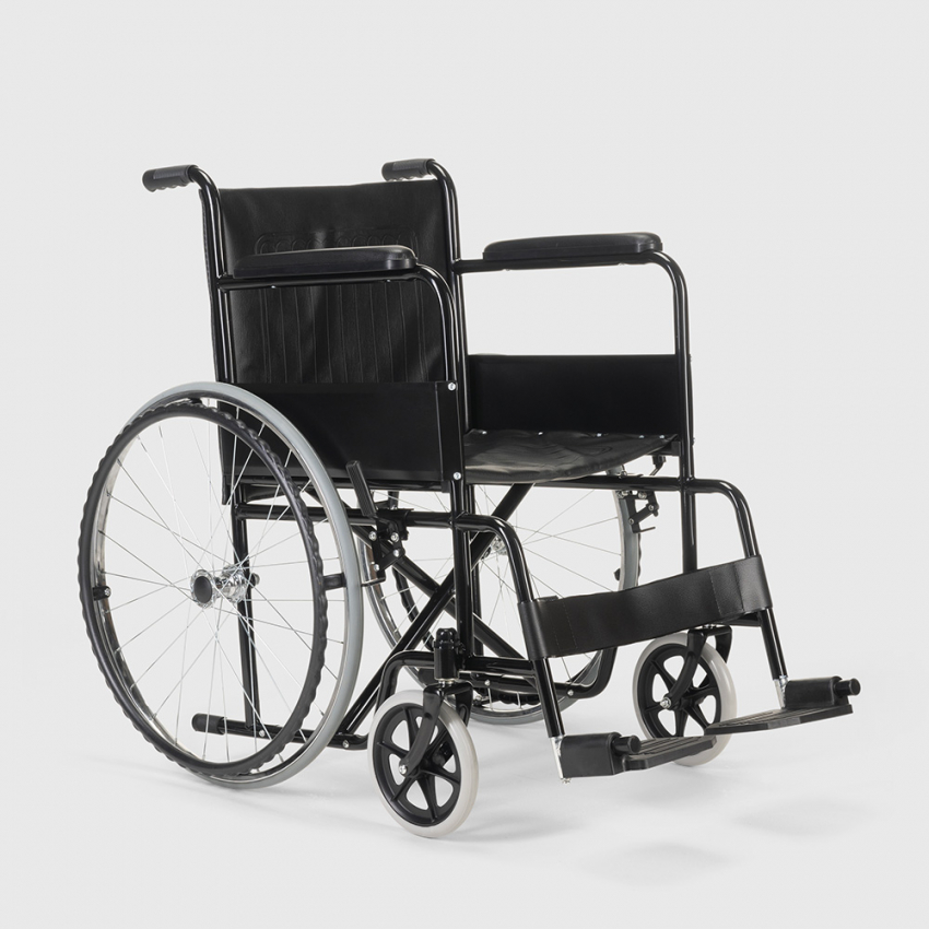 SEDIA A ROTELLE / CARROZZINA PIEGHEVOLE AUTOSPINTA BASIC 46cm - disabili e  anziani - braccioli e poggiapiedi fissi