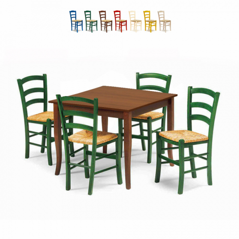 Set 4 sedie e tavolo da interno cucina e bar quadrato 80x80 legno Rusty Promozione