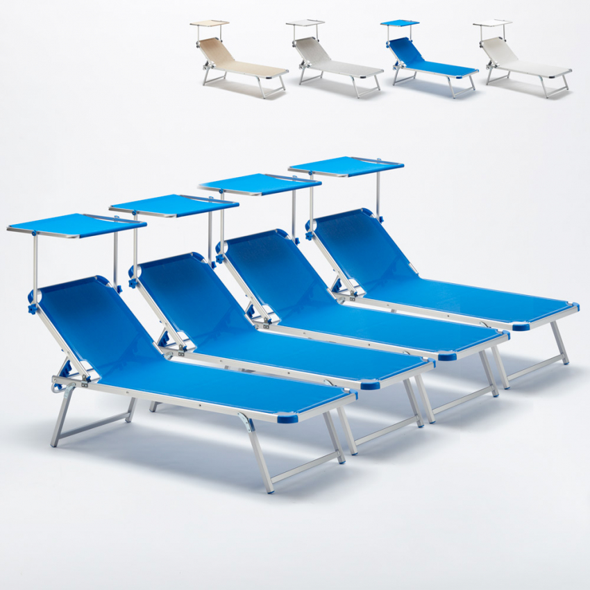 4 Lettini Prendisole in Alluminio da Spiaggia Mare con Tettuccio Regolabile Nettuno Stock 4 Lettini Prendisole in Alluminio da Spiaggia Mare con Tettuccio Regolabile Nettuno Stock