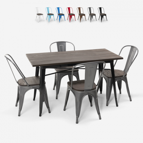 Set tavolo rettangolare 120x60 con 4 sedie acciaio legno design Tolix industriale Ralph