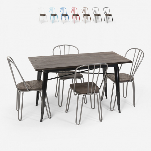 Set tavolo rettangolare 120x60 con 4 sedie acciaio legno industriale design Tolix Otis
