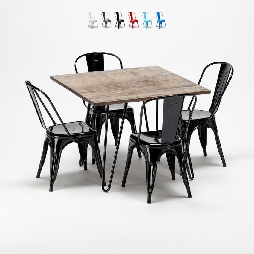 set tavolo quadrato in legno e sedie in metallo design industriale bay ridge 