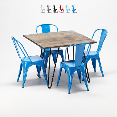 Set tavolo quadrato in legno e sedie in metallo design Tolix industriale Bay Ridge