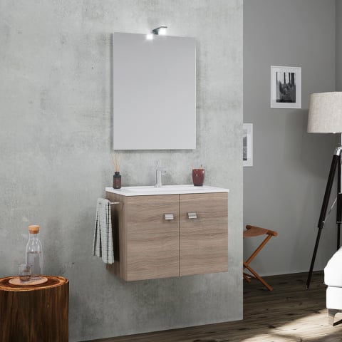 Mobile bagno base sospesa 2 ante lavabo ceramica porta asciugamani specchio lampada LED Vanern Oak
