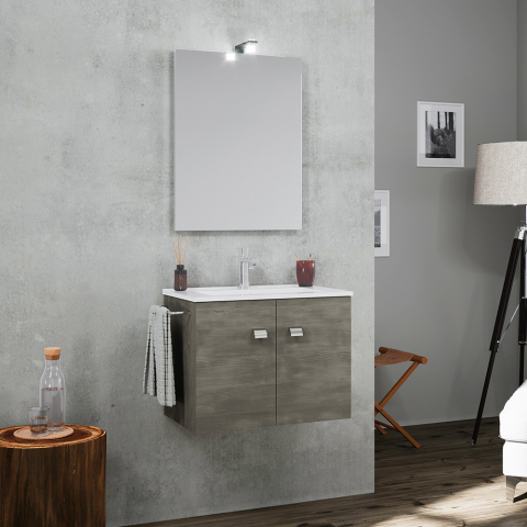 Mobile bagno base sospesa 2 ante porta asciugamani lavabo ceramica specchio lampada LED Vanern Noir