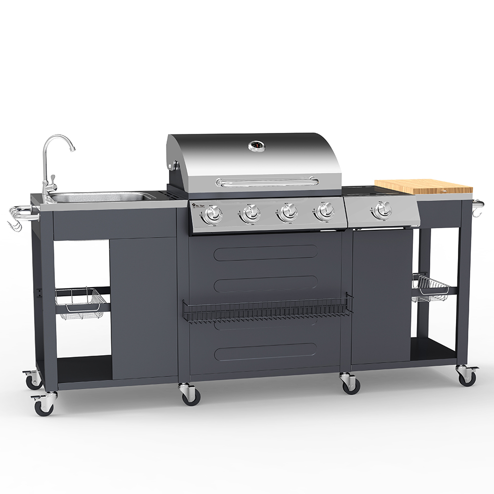 Barbecue gas acciaio inox BBQ 4+1 bruciatori lavello ripiani cremagliera Tartara De