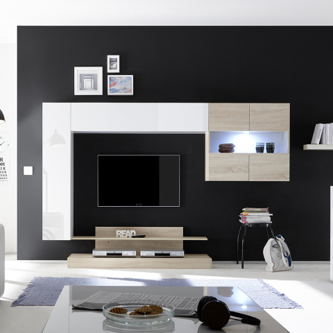 Parete attrezzata porta TV soggiorno moderno bianco lucido legno Nice