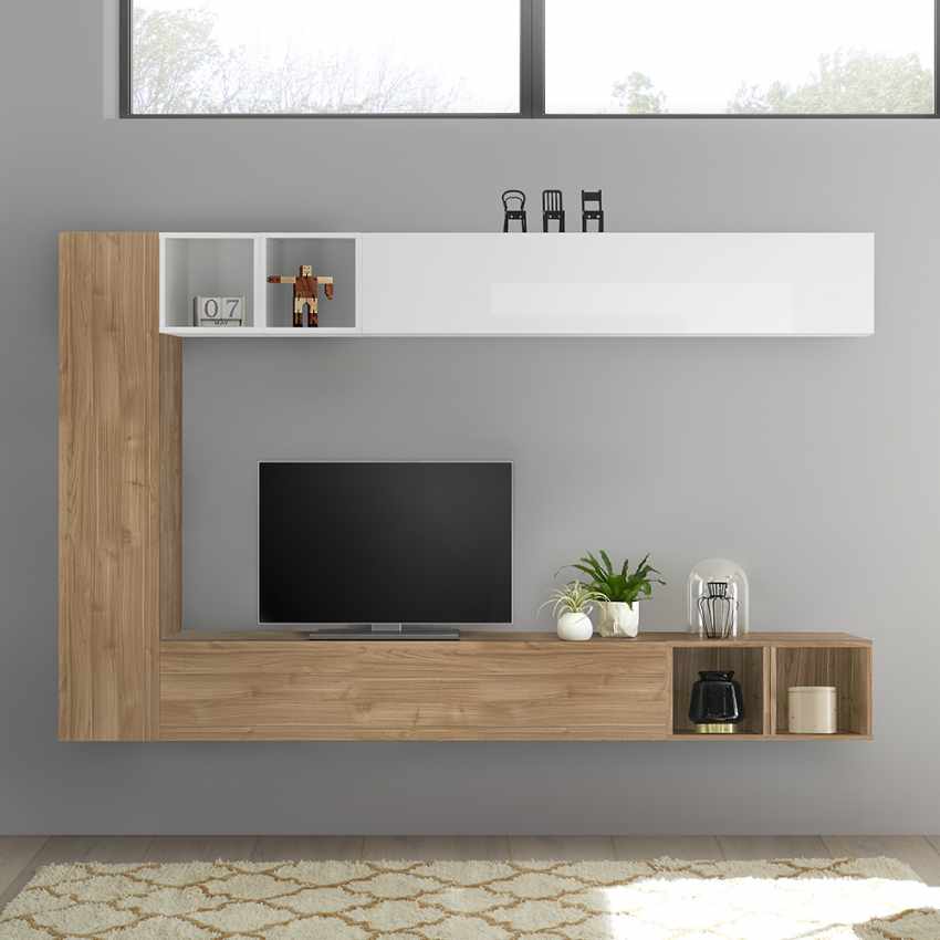 Infinity 104 Parete Attrezzata Design Moderno Soggiorno Porta Tv Legno Chiaro Bianco