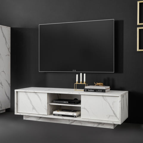 Mobile porta TV moderno con 2 ante laterali e vano a giorno marmo Carrara
