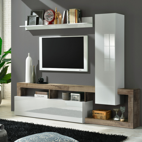 Parete attrezzata mobile TV soggiorno moderno bianco lucido legno Hamburg