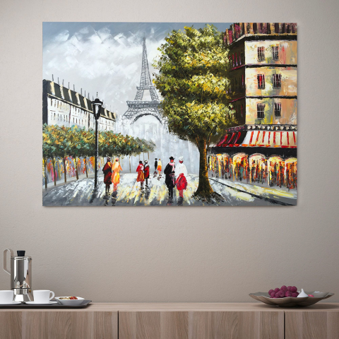 Quadro paesaggio urbano dipinto a mano su tela 120x90cm Paris Love Promozione