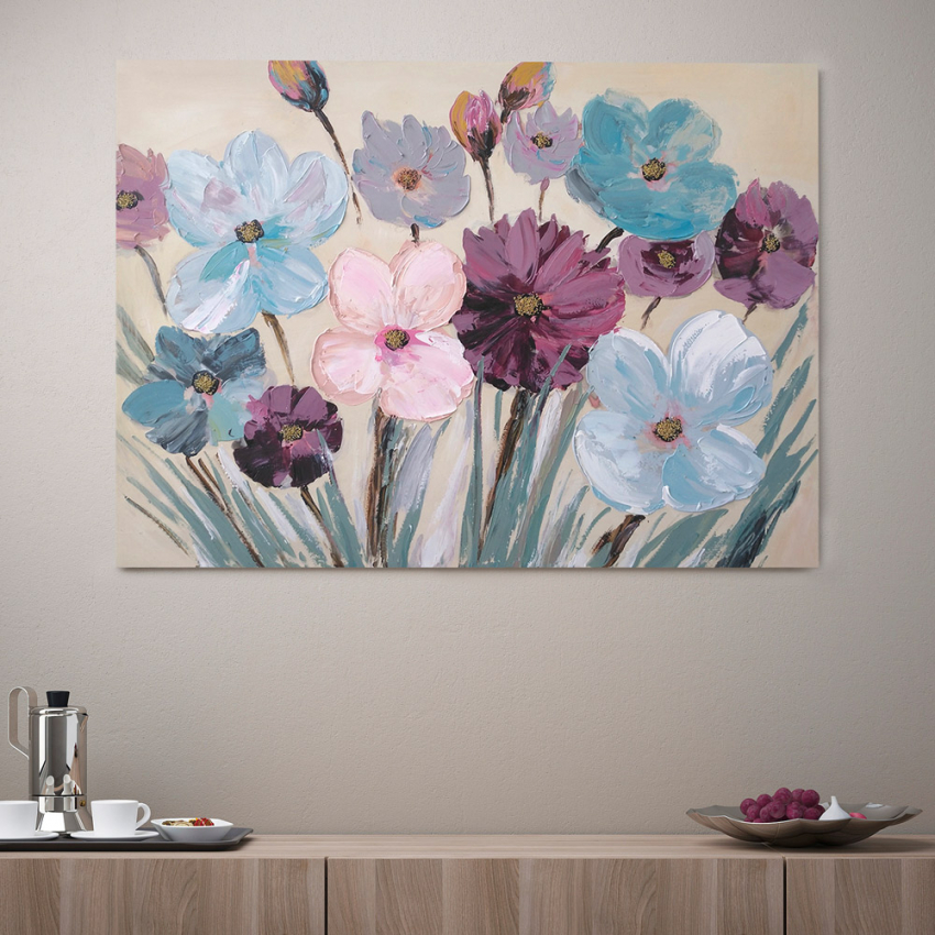 Quadro dipinto a mano verticale su tela trittico con fiori