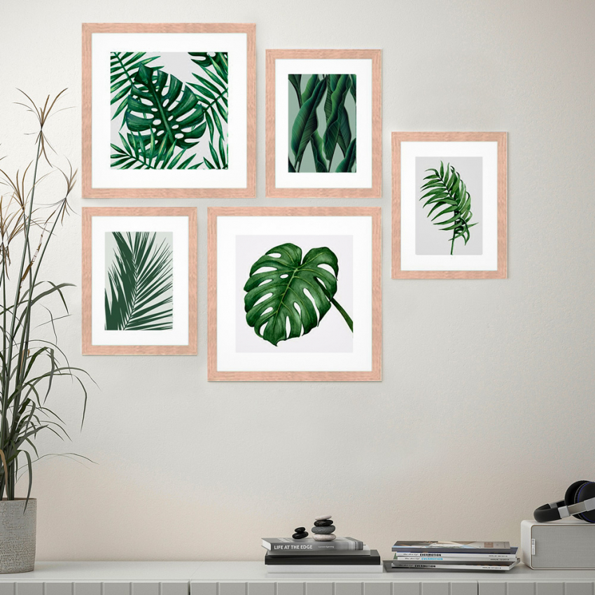 Set 5 Quadri Foglie Stampe Collage Incorniciate Frame Jungle