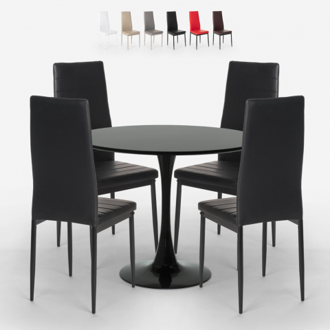 Set tavolo design Tulip rotondo 80cm nero 4 sedie moderno similpelle Vogue Black