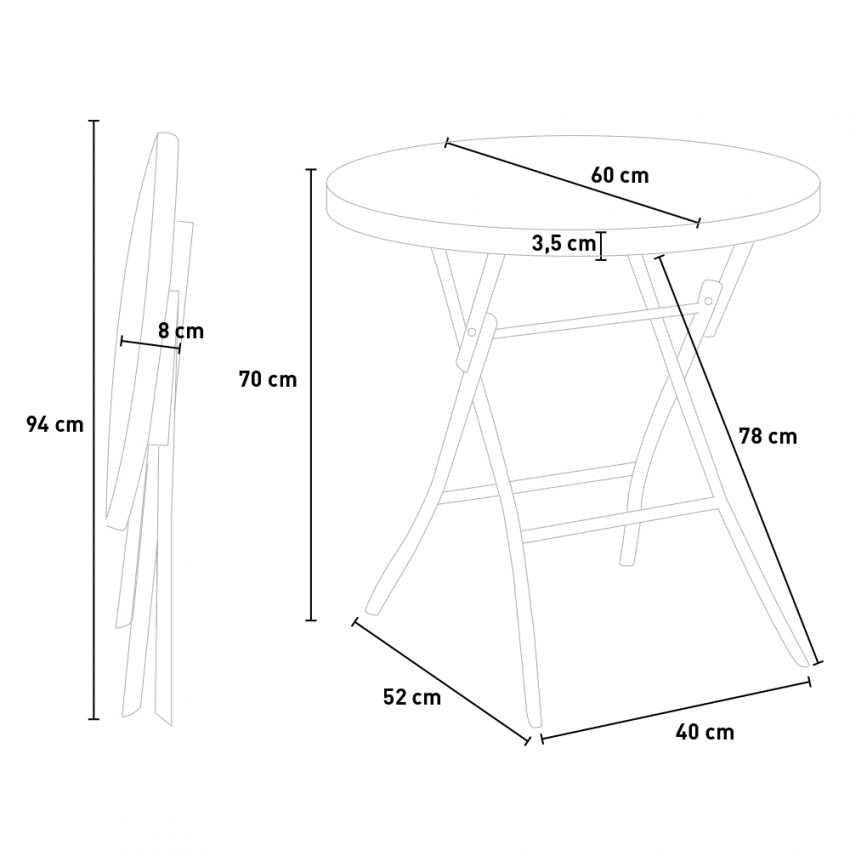 Set bistrot tavolo rotondo 60 cm e 2 sedie pieghevoli in metallo