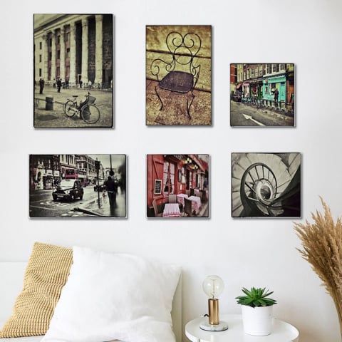 Set 6 stampe su tela canvas città quadri telaio in legno vintage Postcard