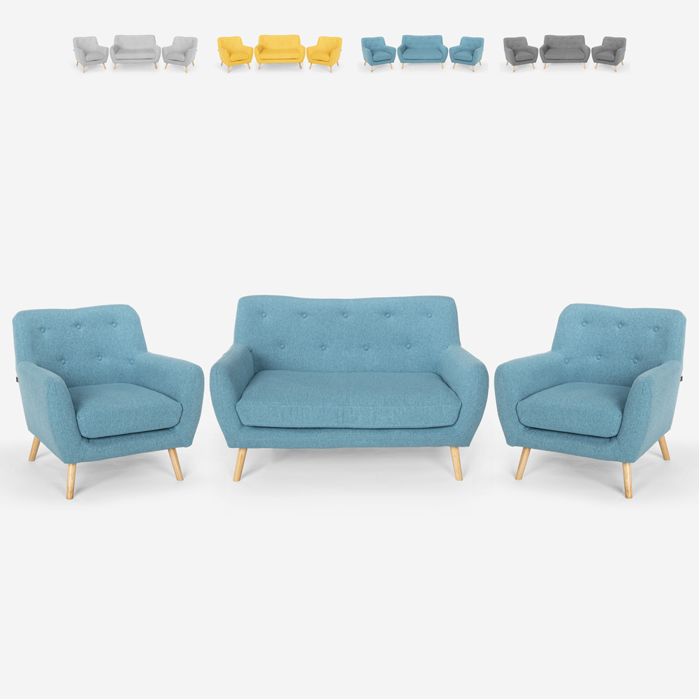 Set salotto 2 poltrone design scandinavo e divano 2 posti legno tessuto Cleis