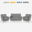 Set salotto 2 poltrone design scandinavo e divano 2 posti legno tessuto Cleis Stock