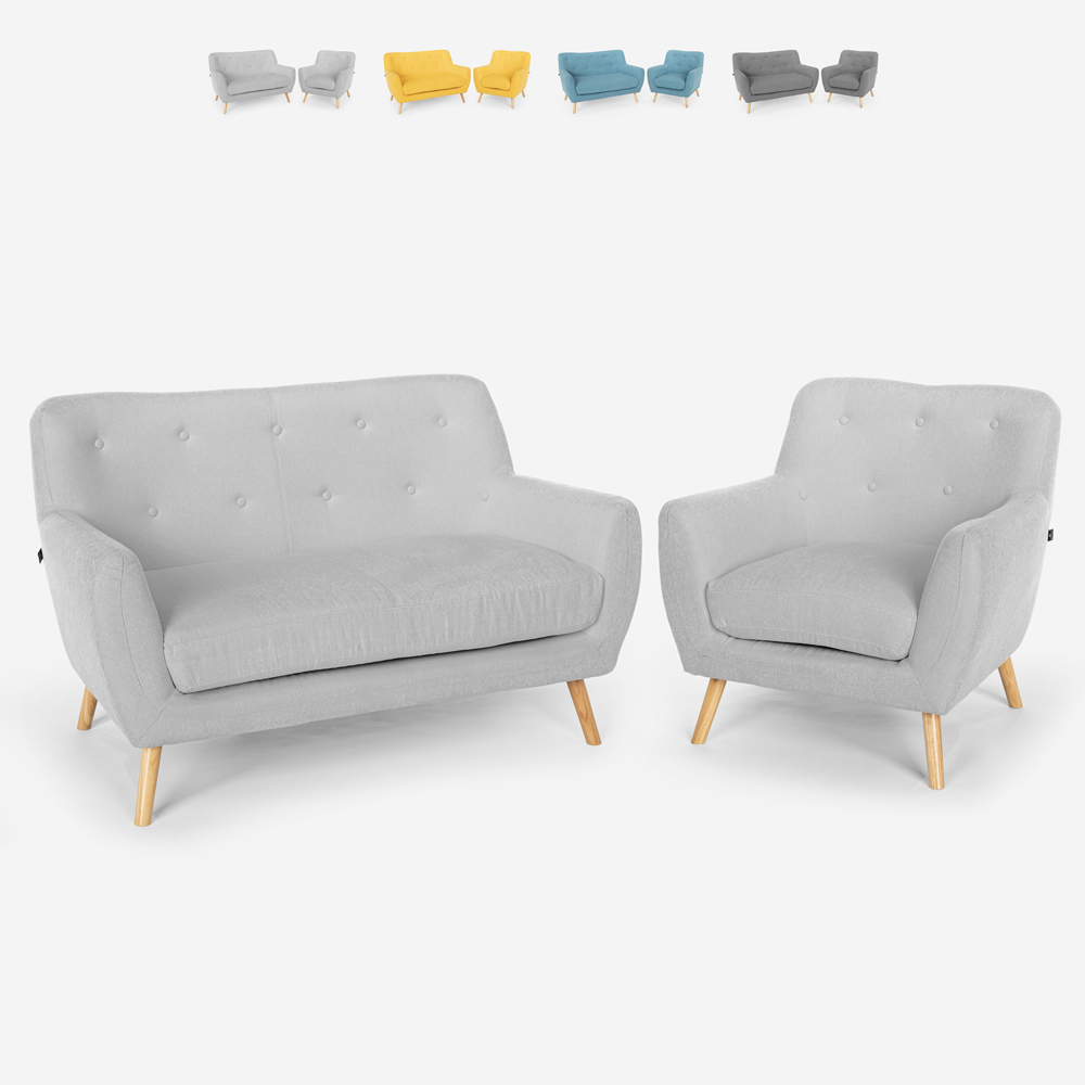 Set salotto poltrona e divano 2 posti design scandinavo legno tessuto Algot