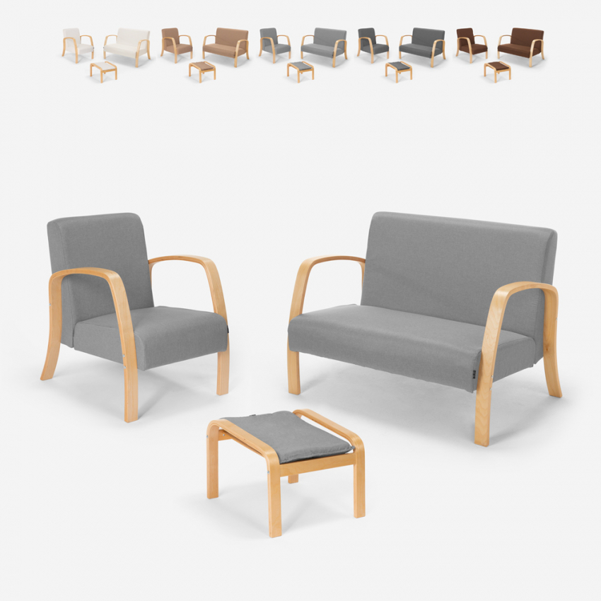 Set salotto divanetto poltrona poggiapiedi scandinavo legno tessuto Gyda Vendita